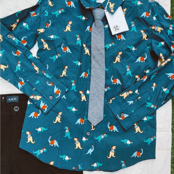 🦖🎄🎅🏼Boys large big kids Christmas Dino long sleeve and tie NWT 🦖🎄🎅🏼 - Picture 2 of 5